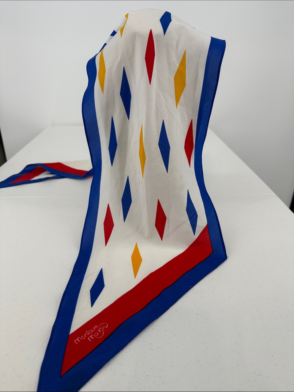 Monique Martin Silk blend Scarf — White with Blue, Red & Yellow Pattern - Picture 3 of 6